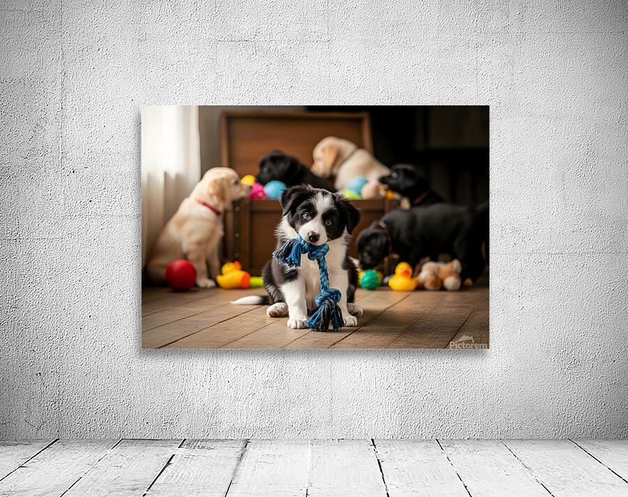 Border Collie Puppy Enjoys Playing With New Rope Toy Wall Preview
