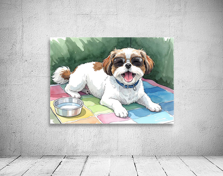 Tired Shih Tzu Puppy Rests After Beach Day With Sunglasses Wall Preview