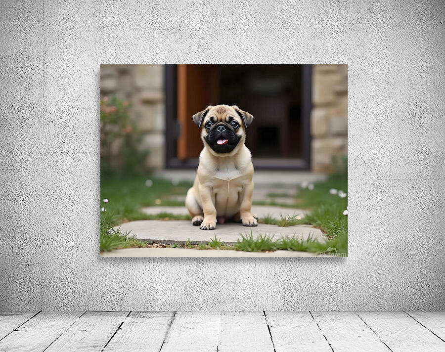 Tan and black Pug puppy with a wrinkled face sits proudly on a stone patio Wall Preview