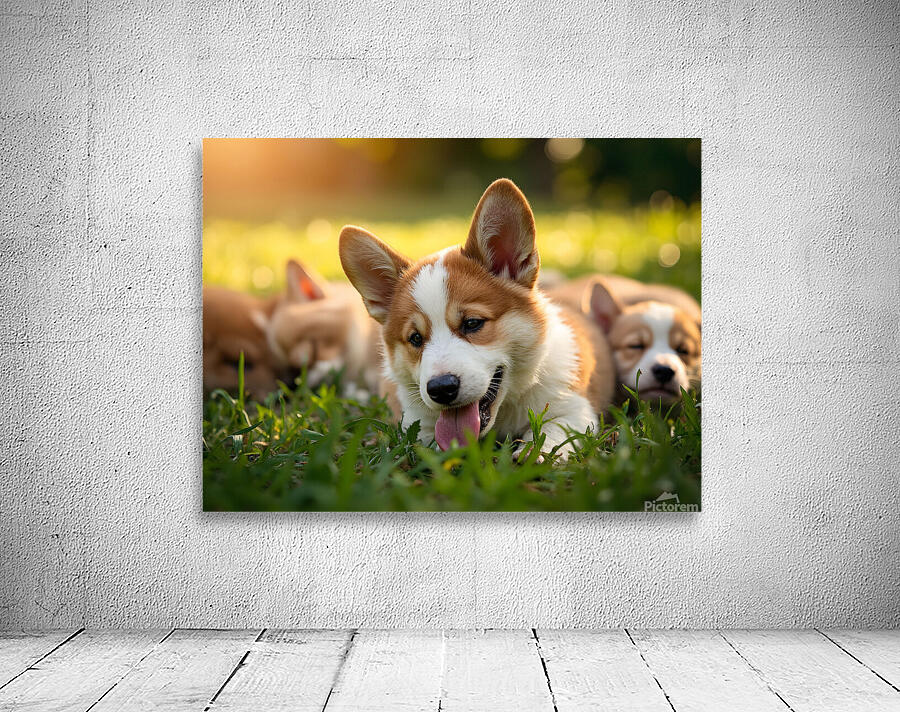 Tired Pembroke Welsh Corgi Puppy Resting After Playing With Siblings Wall Preview