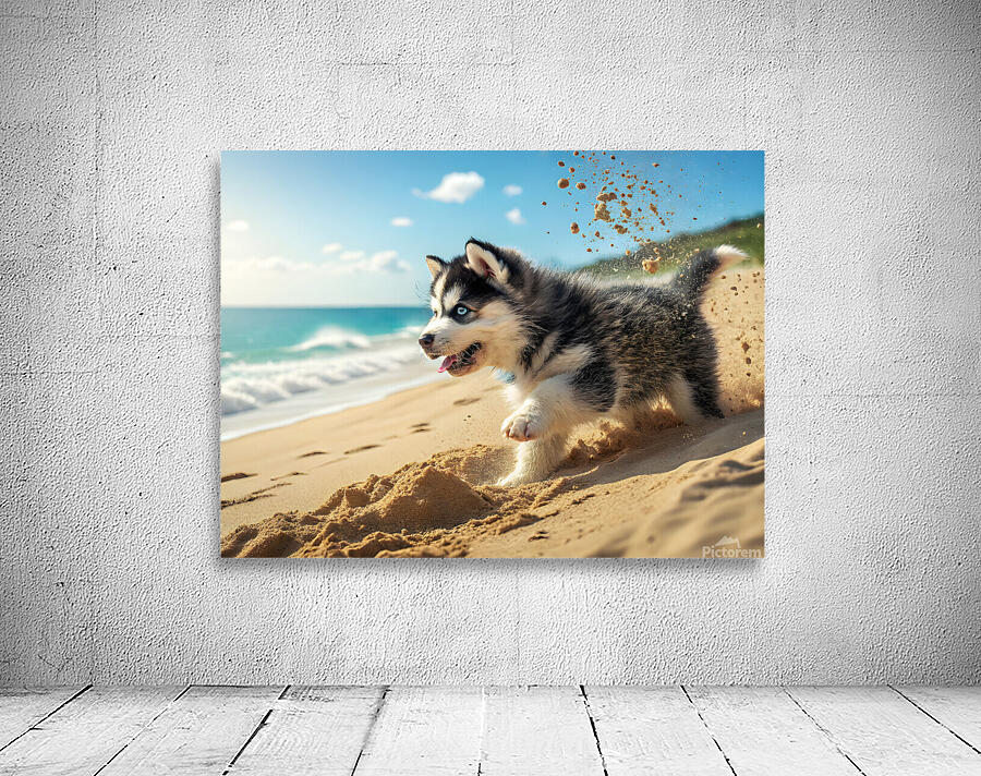 Siberian Husky Puppy Discovers Sandy Beach Fun Wall Preview