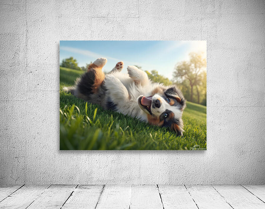 Happy Australian Shepherd Puppy Rolls On Grass Wall Preview