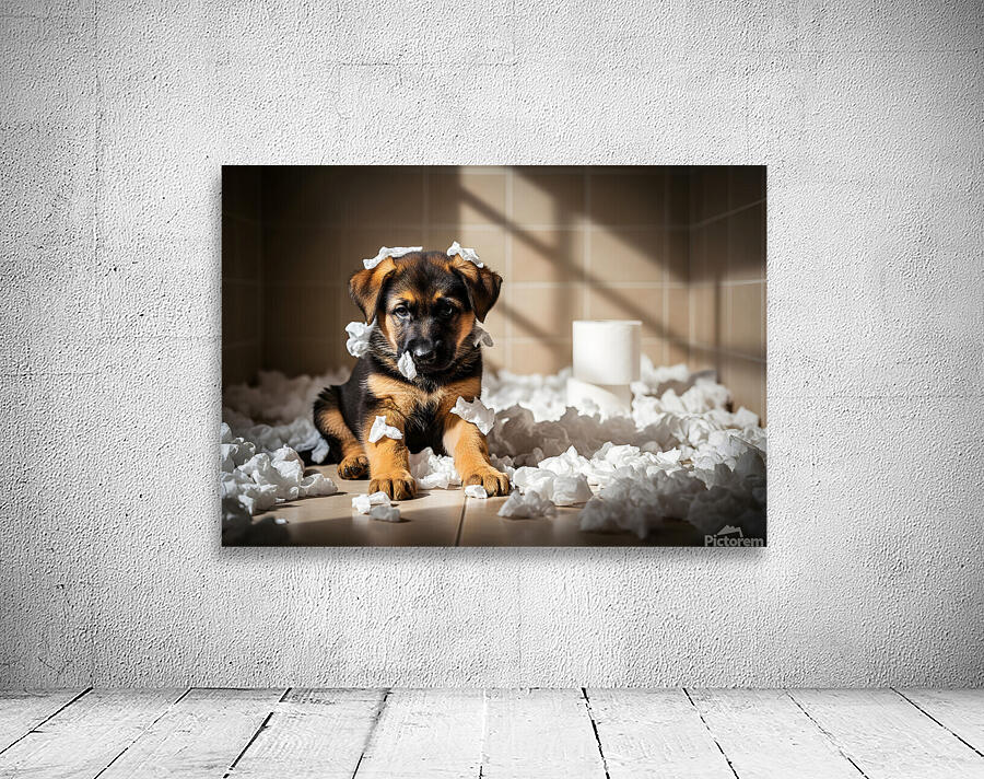 German Shepherd Puppy Sits Among Paper Destruction Wall Preview