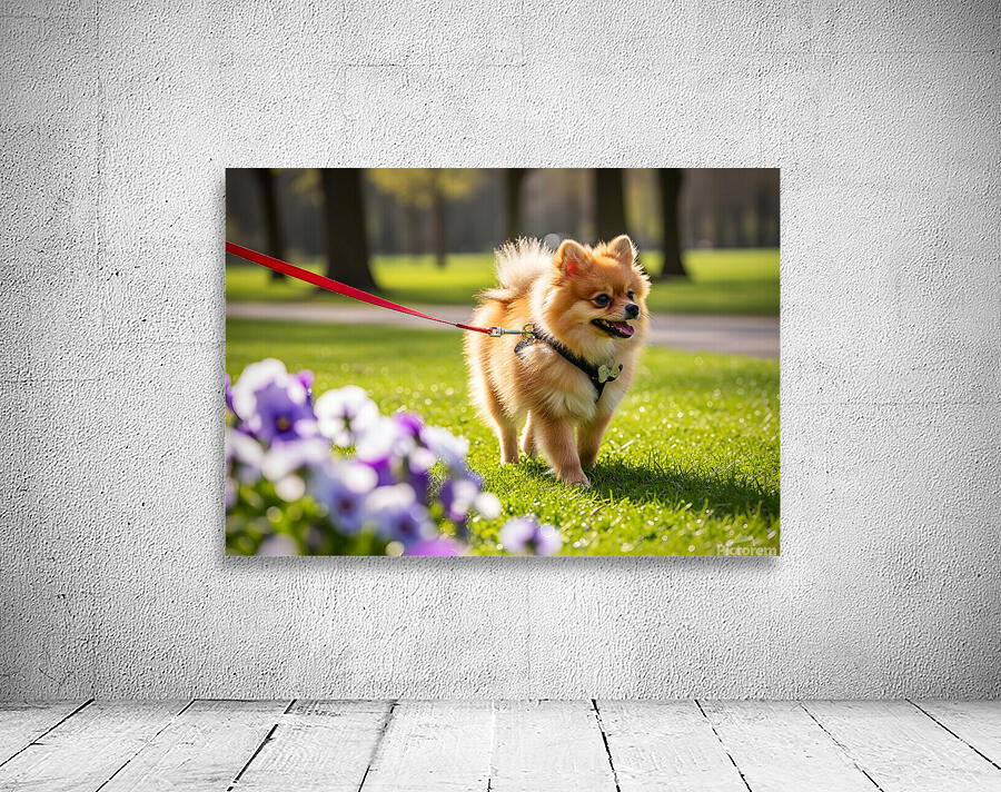 Pomeranian Puppy Masters Leash Walking Happily Wall Preview