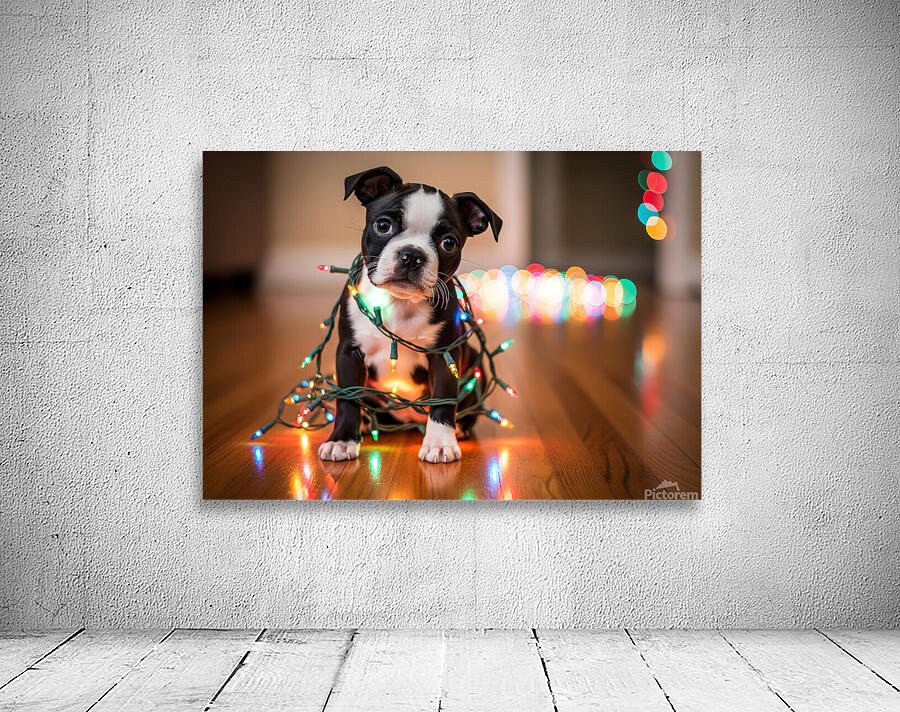 Boston Terrier Puppy Discovers Sparkling Christmas Lights Wall Preview