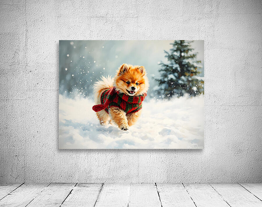 Pomeranian Puppy In Holiday Sweater Playing In Snow Wall Preview