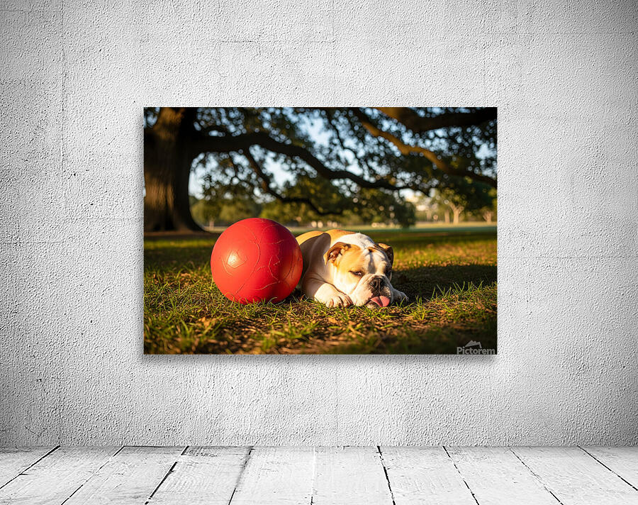 Exhausted BulldogPuppy Rests By Giant Ball Wall Preview