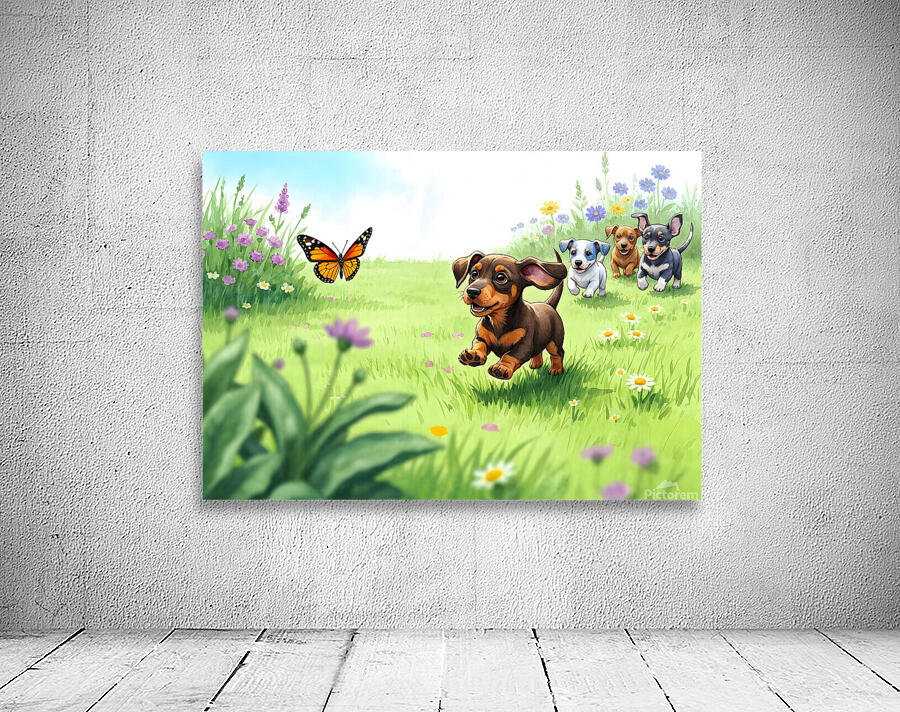 Dachshund Puppy Spots Beautiful Butterfly In Garden Wall Preview