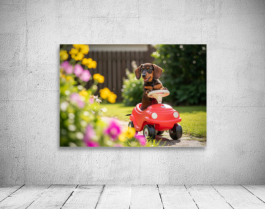 Dachshund Puppy Ready For Adventure In Red Toy Car Wall Preview