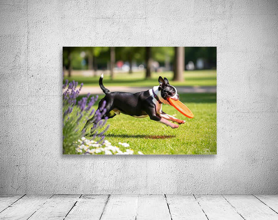 Proud Boston Terrier Puppy Lands With Caught Frisbee Wall Preview