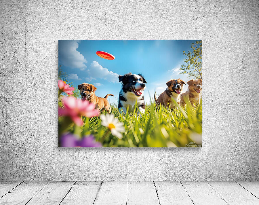 A black and white Border Collie puppy playing frisbee with his f Wall Preview