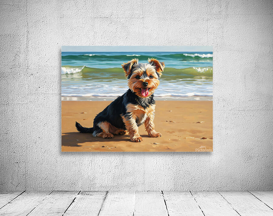 Tired Yorkshire Terrier Puppy Rests On Beach Wall Preview