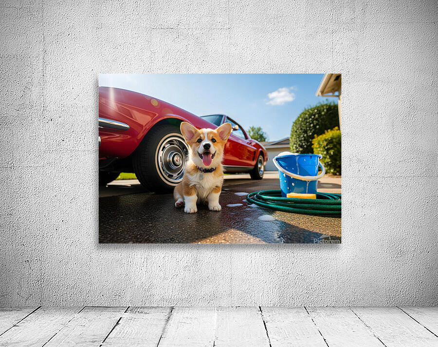 Corgi Puppy Ready For Car Wash Adventure Wall Preview