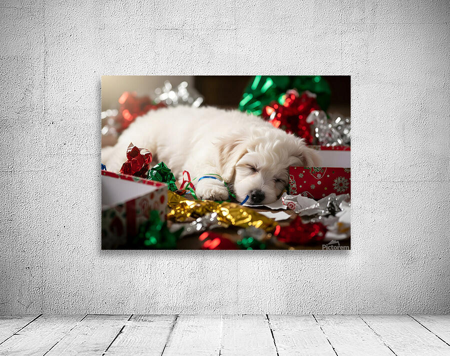 Sleepy Bichon Frise Puppy Naps Among Holiday Wrapping Wall Preview