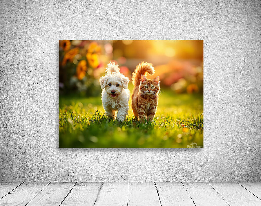 Bichon Frise Puppy And Cat Walk Together As Friends Wall Preview