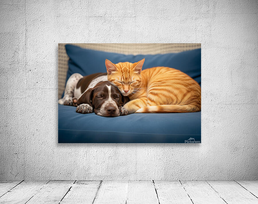 Puppy And Cat Snuggle Together Peacefully Wall Preview