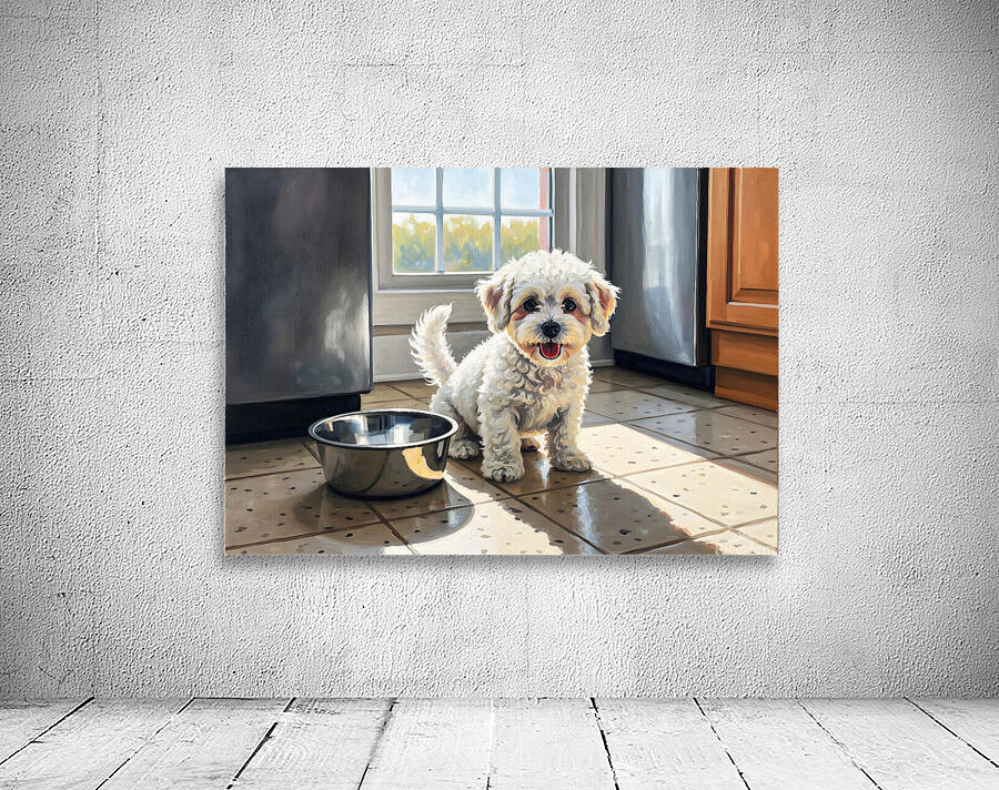 Bichon Frise Puppy Discovers Empty Food Bowl Wall Preview