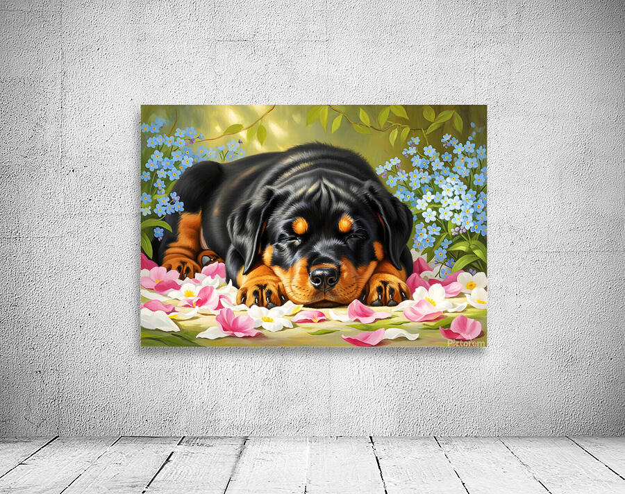 Sleepy Rottweiler Puppy Rests In Flower Bed Wall Preview