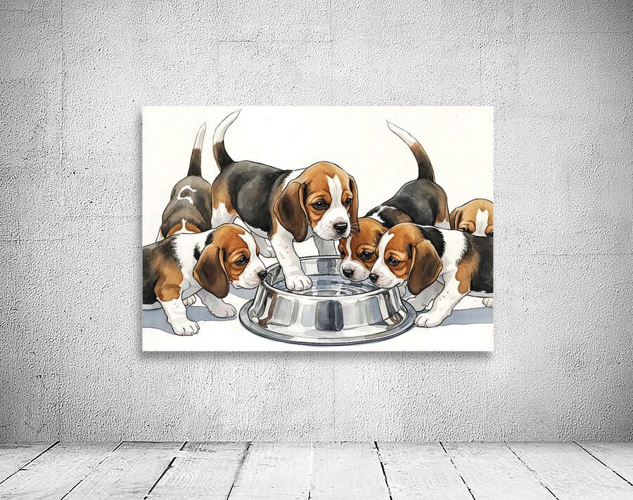 Beagle Puppy Approaches The Crowded Water Bowl Wall Preview