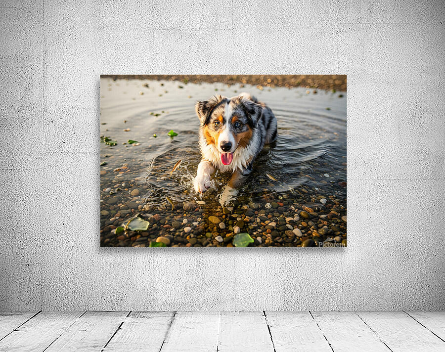 Playful Australian Shepherd Puppy Splashes In Shallow Tide Pool Wall Preview