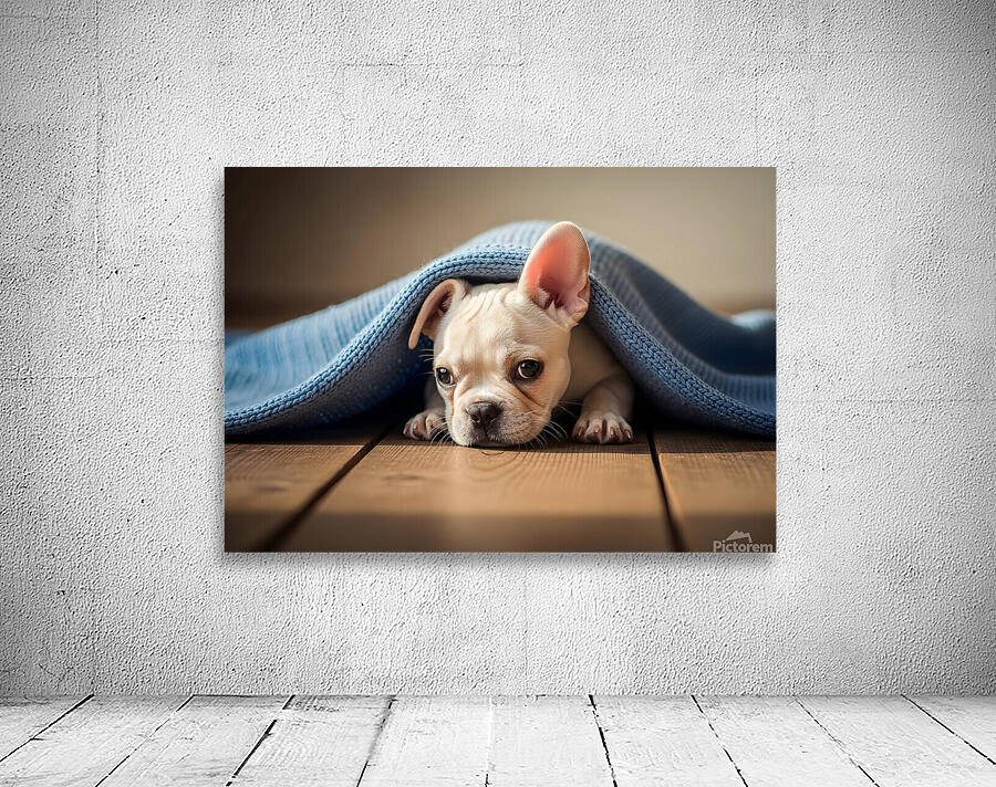 French Bulldog Puppy Discovers Cozy Blanket Adventure Wall Preview