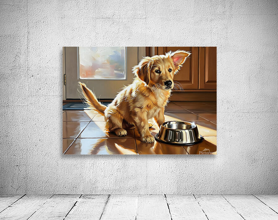 Golden Retriever Puppy Discovers Empty Food Bowl Wall Preview