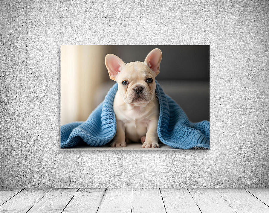 French Bulldog Puppy Snuggles With Favorite Blue Blanket Wall Preview