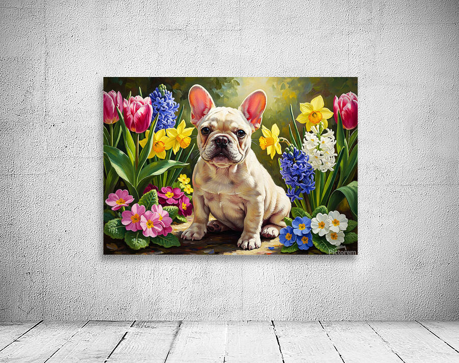 Happy French Bulldog Puppy Rests Among Spring Blooms Wall Preview