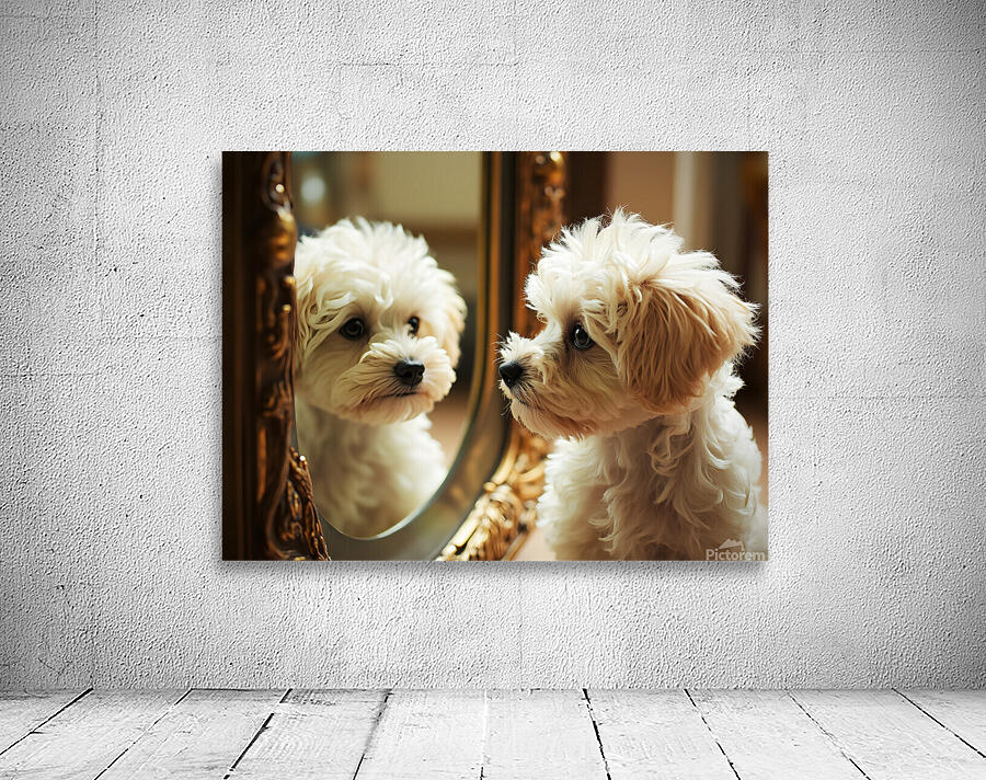 Happy Bichon Frise Puppy Wags At His Reflection Wall Preview