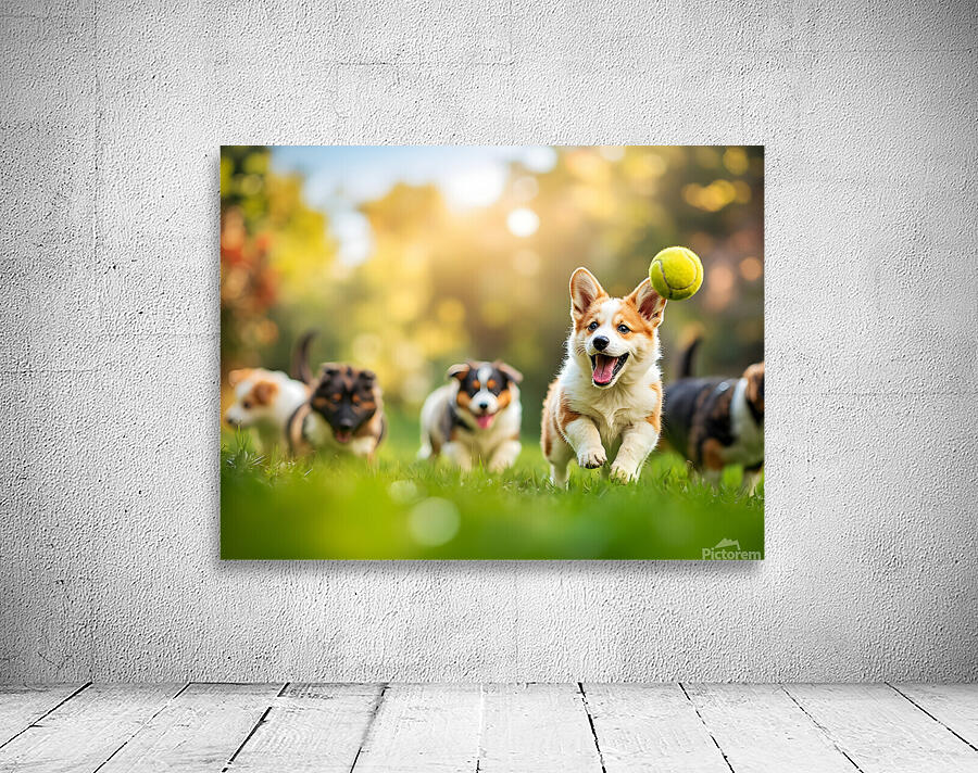 Corgi Puppy Spots Tennis Ball In Garden Wall Preview