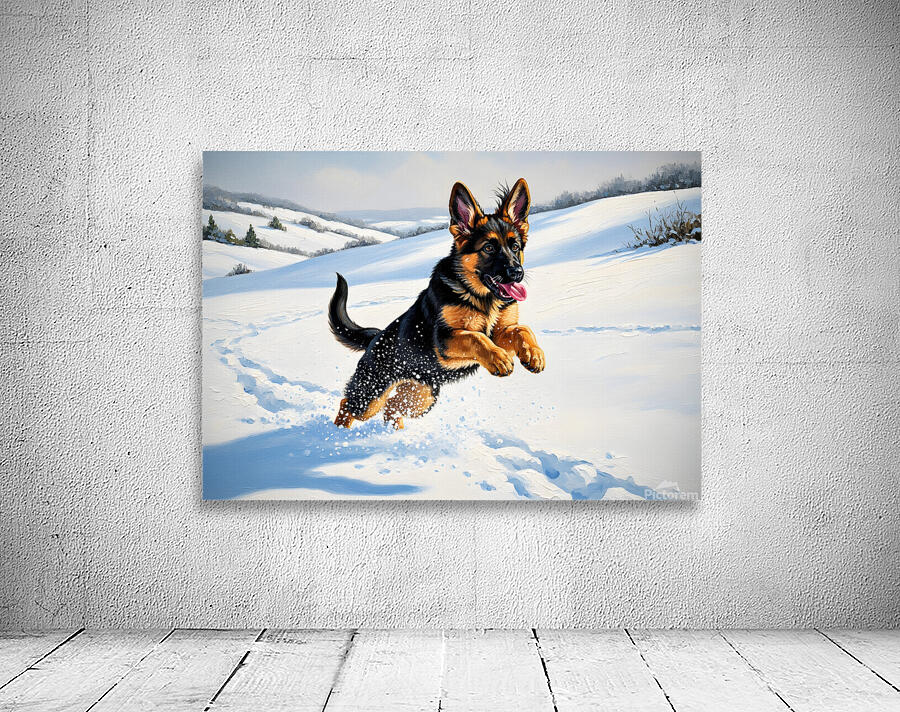 Happy German Shepherd Puppy Rests In Snow Wall Preview