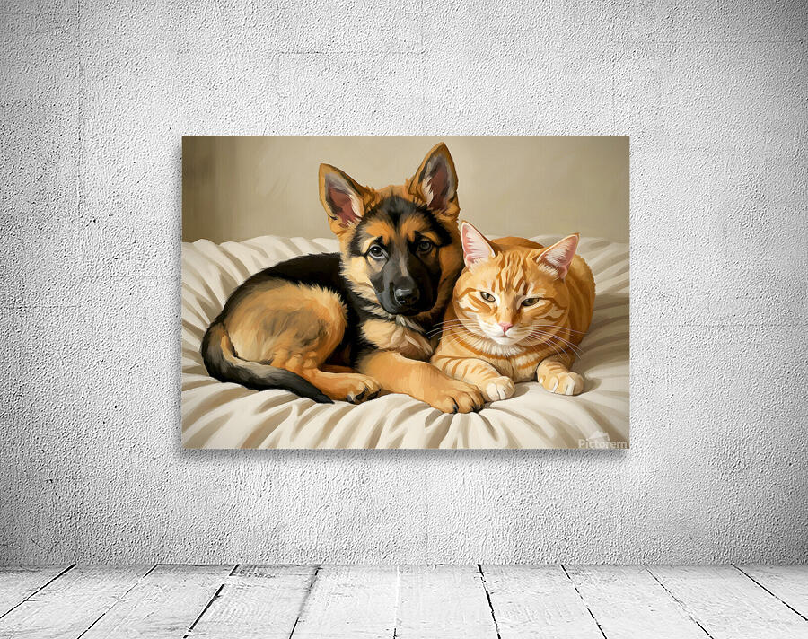 German Shepherd Puppy Snuggles With Cat Friend Wall Preview