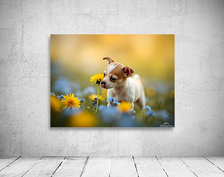 Happy Chihuahua Puppy After Sniffing Dandelion Wall Preview