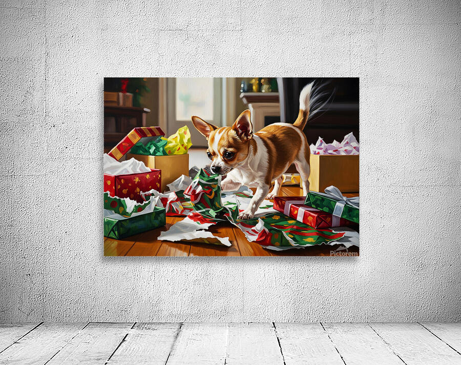 Chihuahua Puppy Discovers Christmas Morning Surprises Wall Preview
