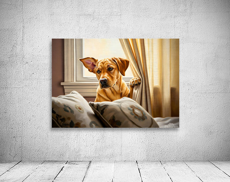 Curious Labrador Puppy Peeking Behind White Curtains Wall Preview