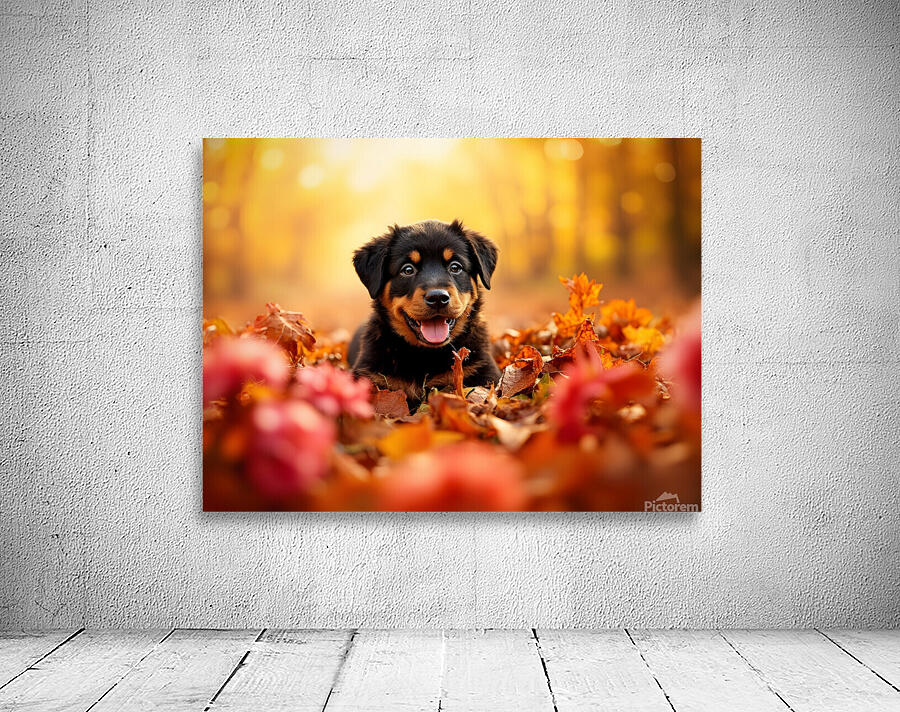 Tired Rottweiler Puppy Rests On Autumn Leaf Bed Wall Preview