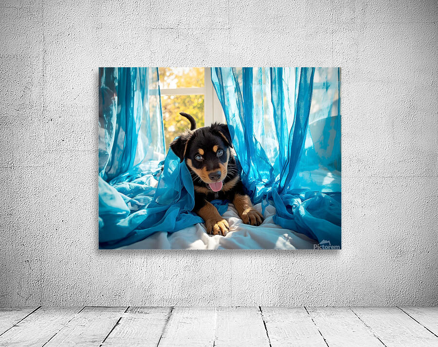 Brave Rottweiler Puppy Sits Confidently By Green Curtains Wall Preview