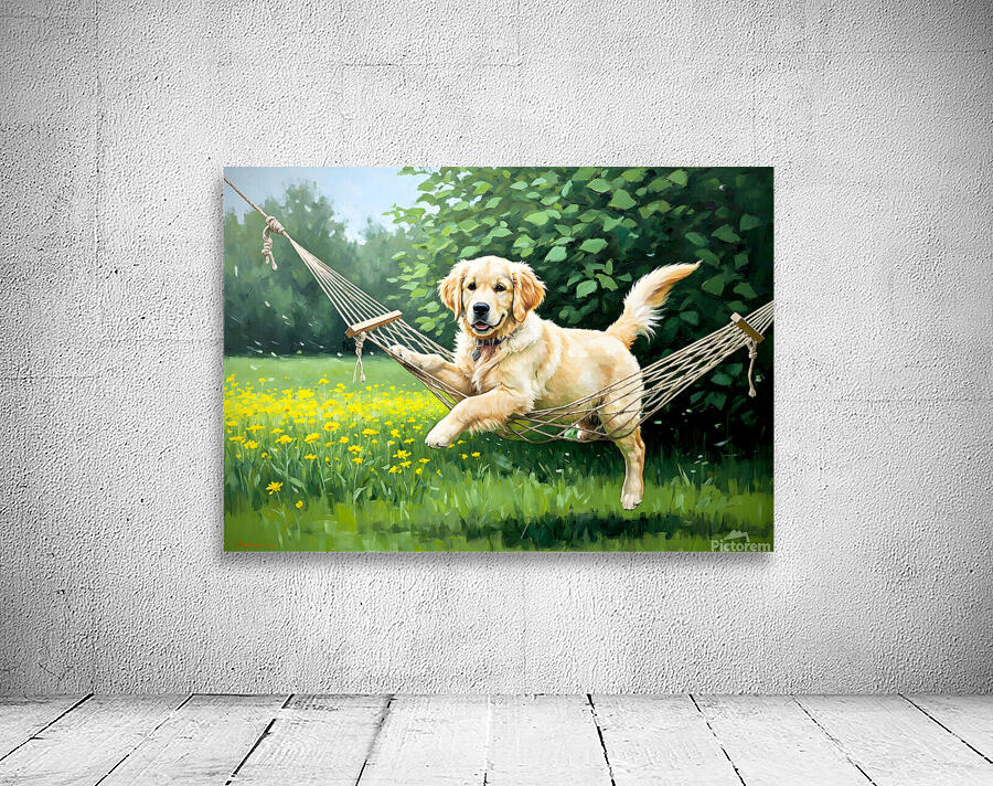 Golden Retriever Puppy Discovers Tiny Hammock In Garden Wall Preview