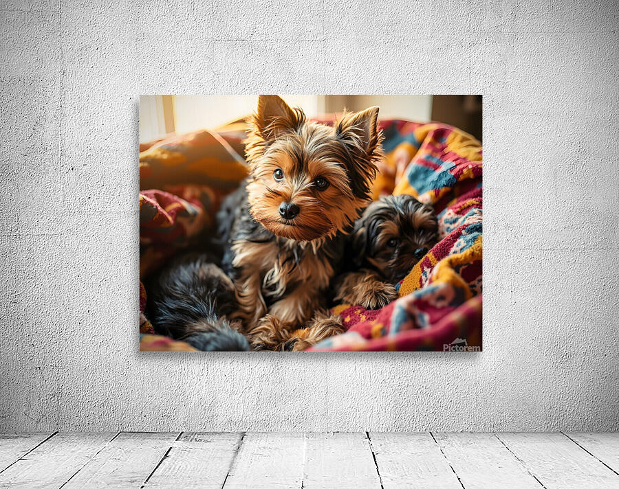 Yorkshire Terrier Puppy Sleeps Peacefully In Blankets Wall Preview