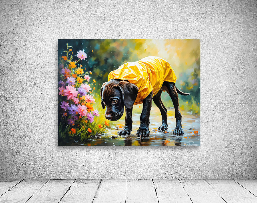 Happy Puppy Rests On Porch After Rainy Walk Wall Preview