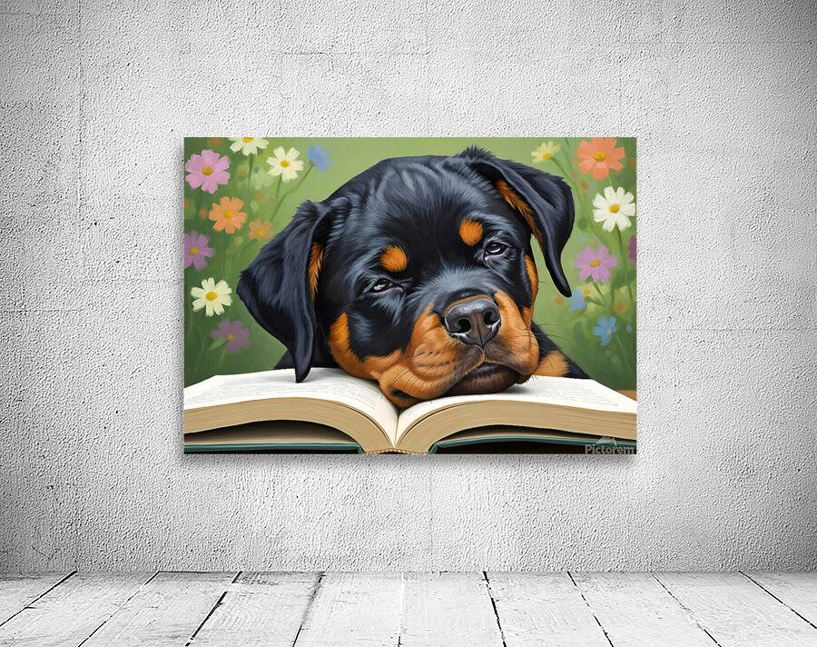 Sleepy Rottweiler Puppy Dreams Over Open Book Wall Preview