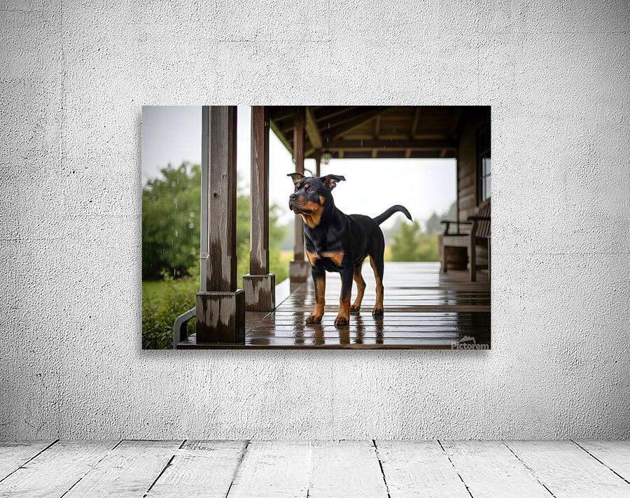 Joyful Rottweiler Puppy Wags Tail Under Porch Wall Preview