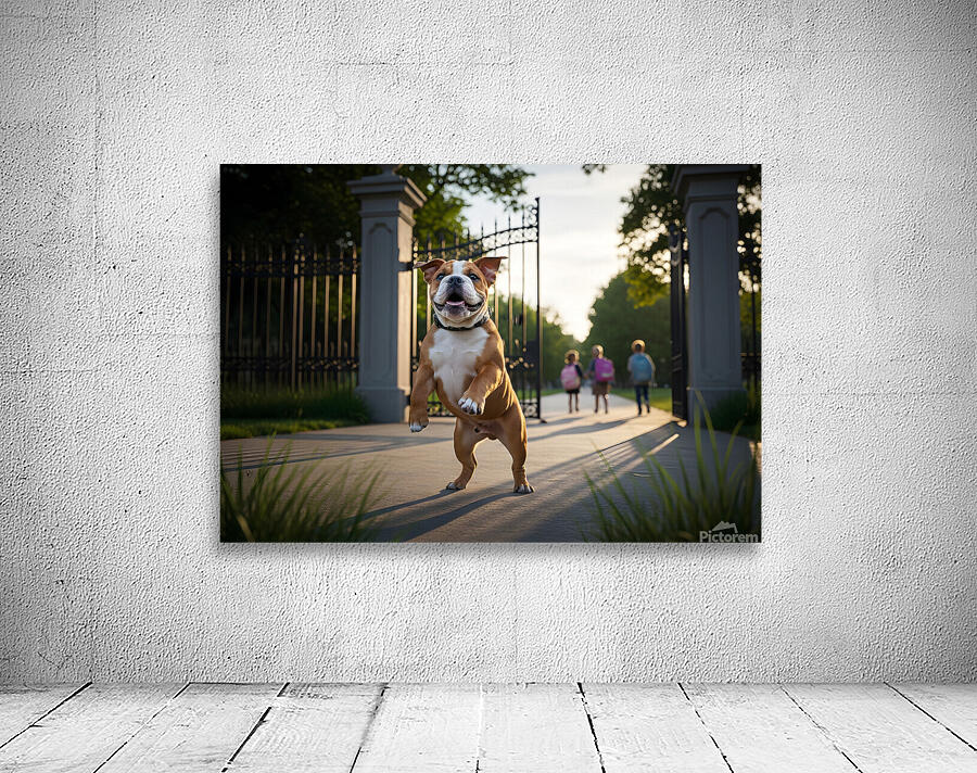 Bulldog Puppy Jumps With Joy At School Gate Wall Preview