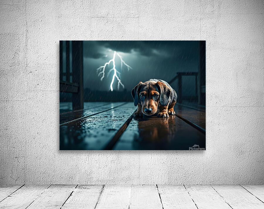 Dachshund Puppy Watches Storm From Covered Porch Wall Preview