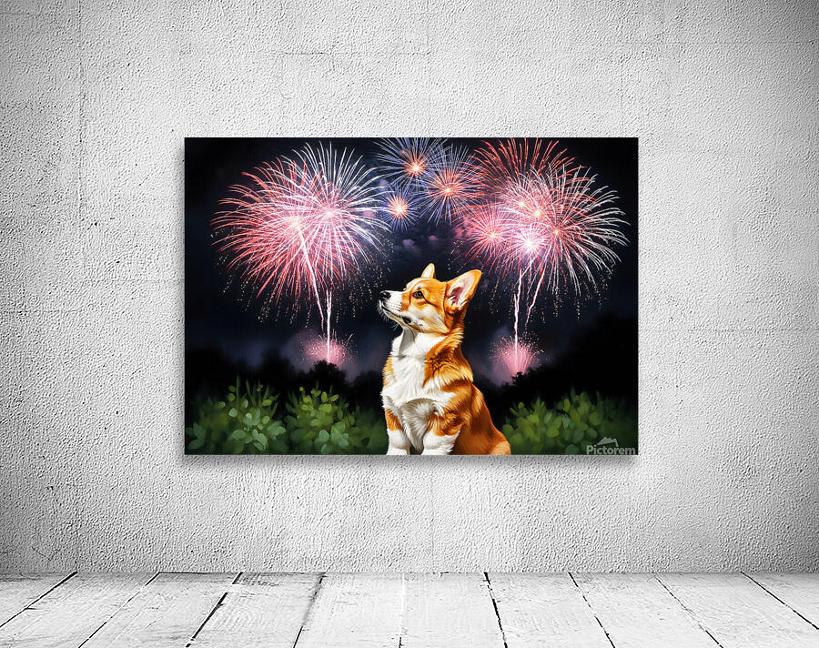 Happy Corgi Puppy Wags Tail After Fireworks End Wall Preview