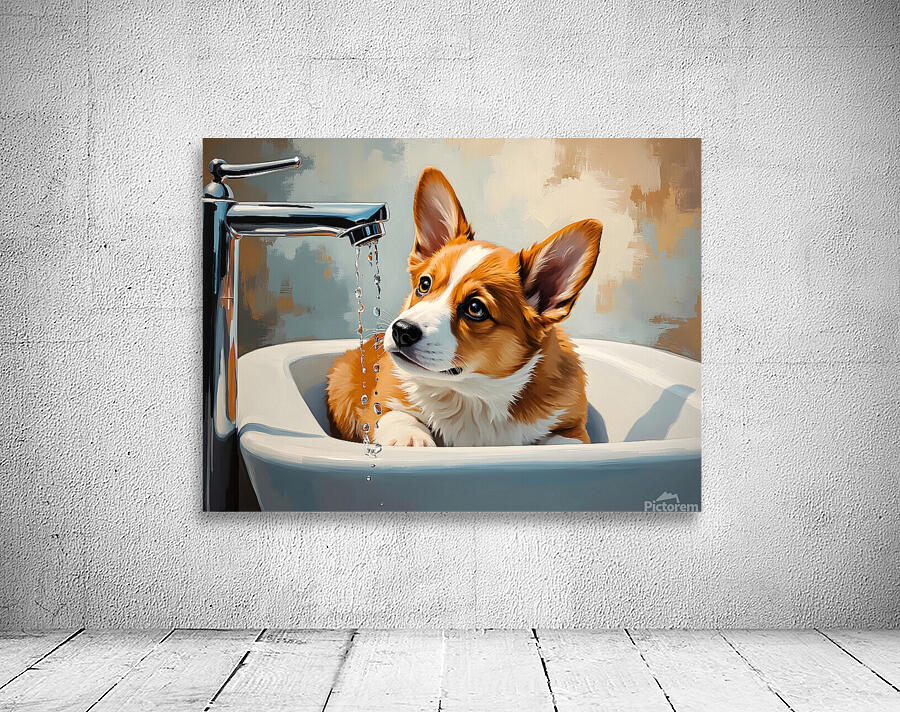Nervous Corgi Puppy Waits In Bathroom Sink Wall Preview