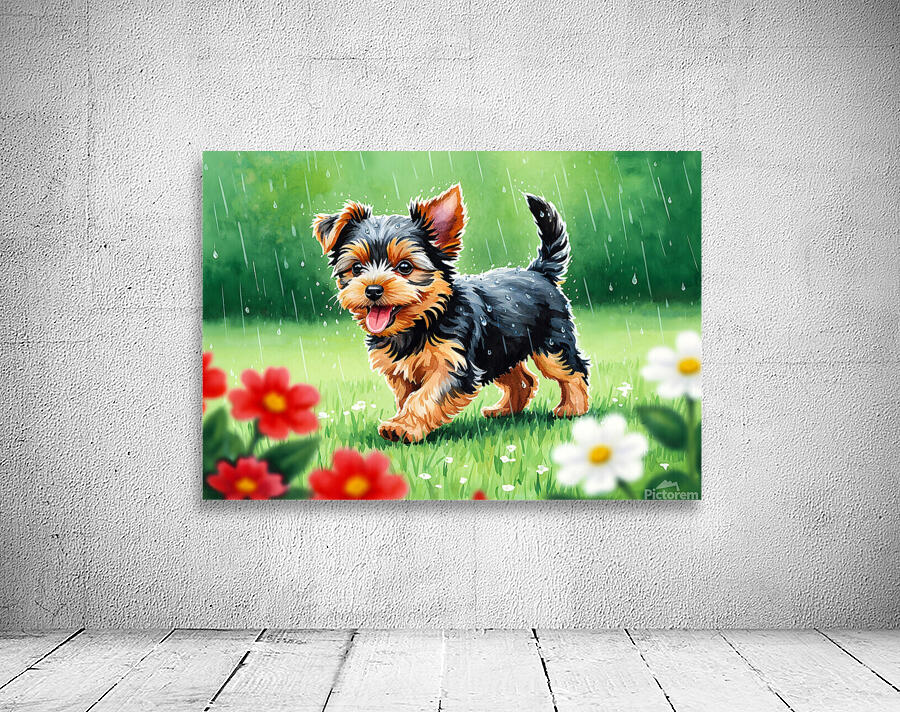 Content Yorkshire Terrier Puppy Rests After Raindrop Adventure Wall Preview