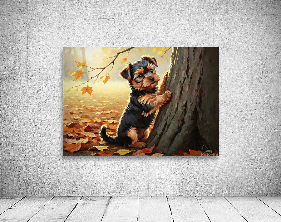 Yorkshire Terrier Puppy Spots Squirrel At Tree Base Wall Preview