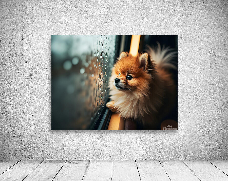 Pomeranian Puppy Watches First Raindrops Fall Wall Preview
