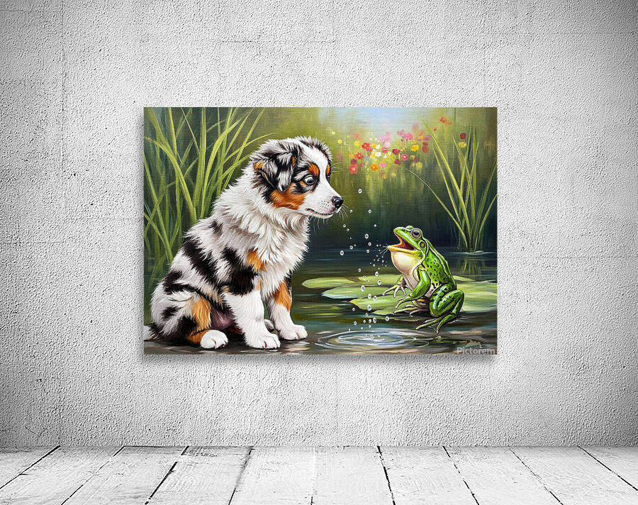 Puppy And Frog Become Peaceful Pond Friends Wall Preview